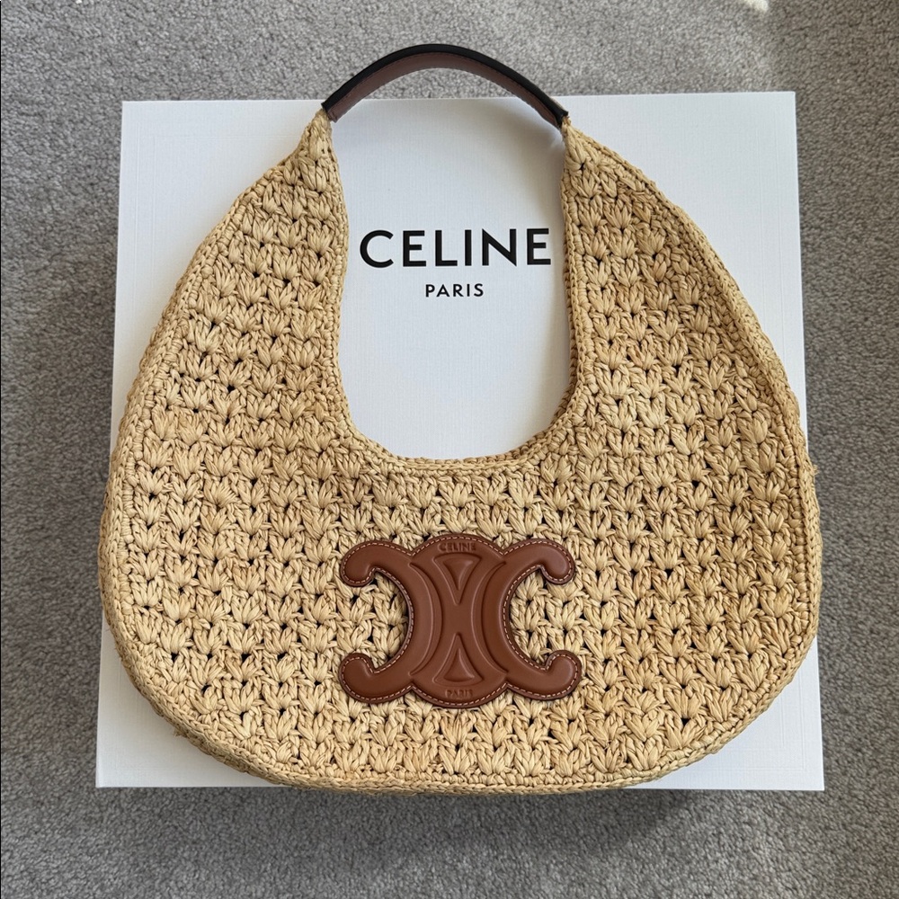 CELINE authentic raffia Woven Shoulder Bag with Brown Leather Logo